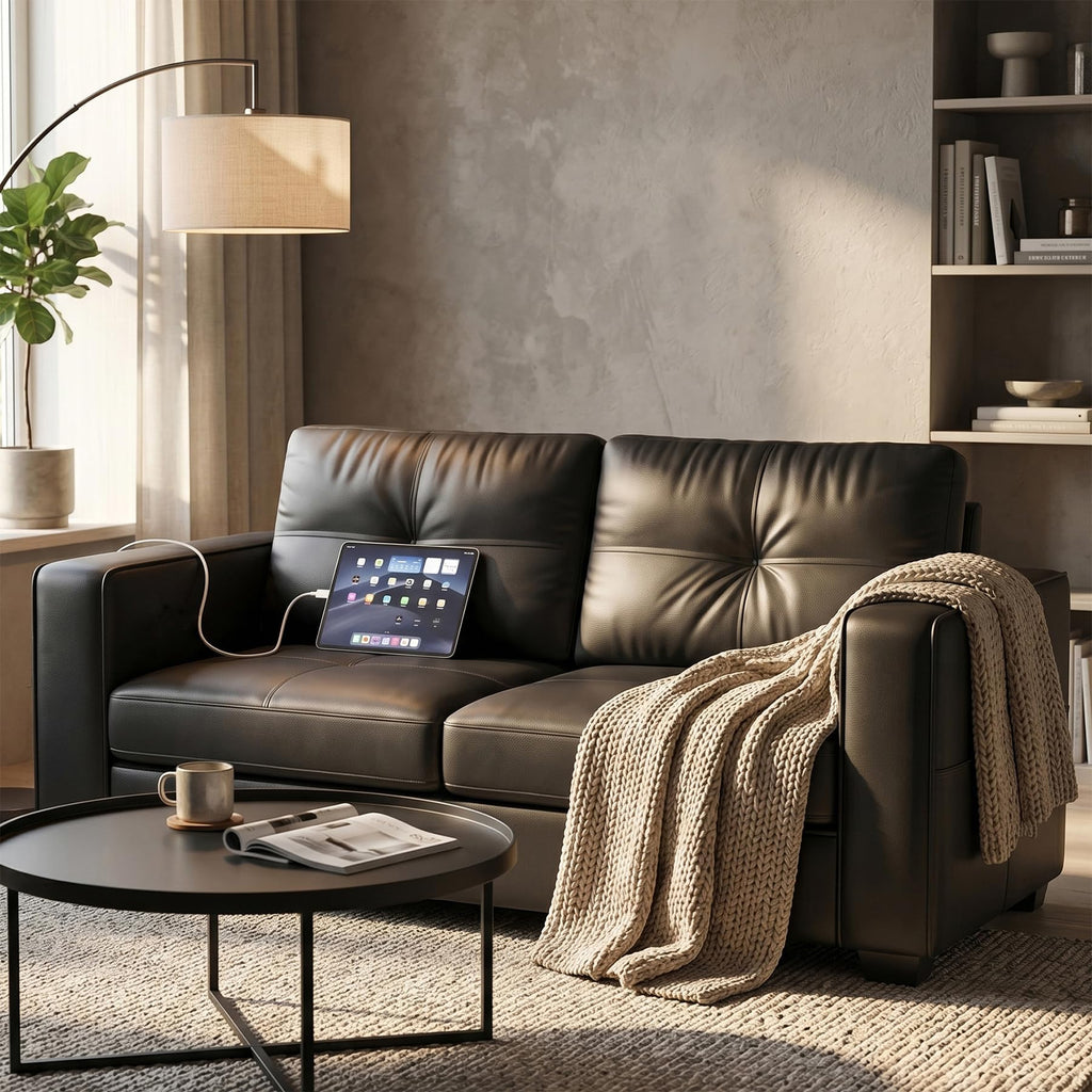 CHYMSUN 2-Seater Leather Small Couch, 65'' Faux Leather Loveseat w/USB Charging