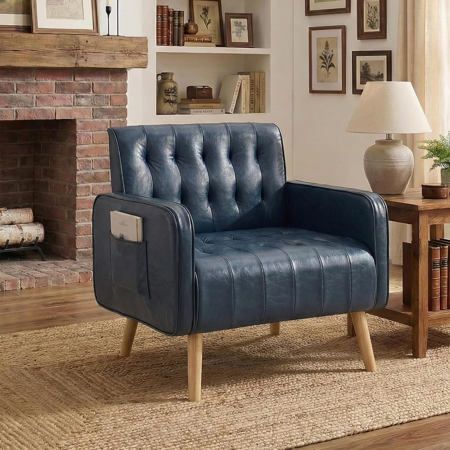TYBOATLE Leather Accent Chair, Mid-Century Modern Living Room Chair with Pocket and Wooden Legs, Tufted Cozy Office Reading Chair, Armchair for Living Room, Waiting Room, Bedroom (Blue, 1)