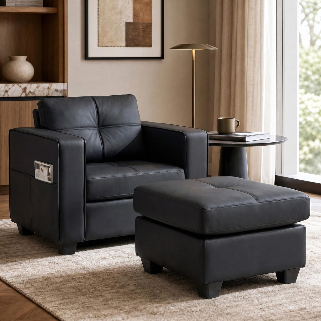 TYBOATLE Oversized Accent Chair with Ottoman, Chaise Lounge for Living Room | Leather Chaise Lounge Chair, Wide Armchair with Side Pockets and Mid-Century Modern Design, Bedroom Office, Black