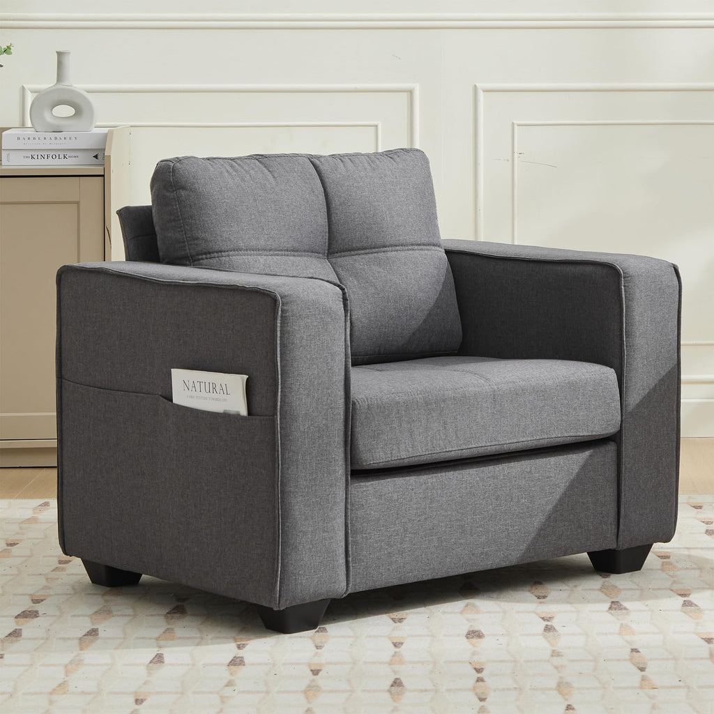 TYBOATLE Oversized Accent Chair w/Side Pockets, Modern Tufted Upholstered Living Room Chair, Comfy Arm Chair, Linen Fabric Reading Waiting Room Chairs for Bedroom, Apartment, Office