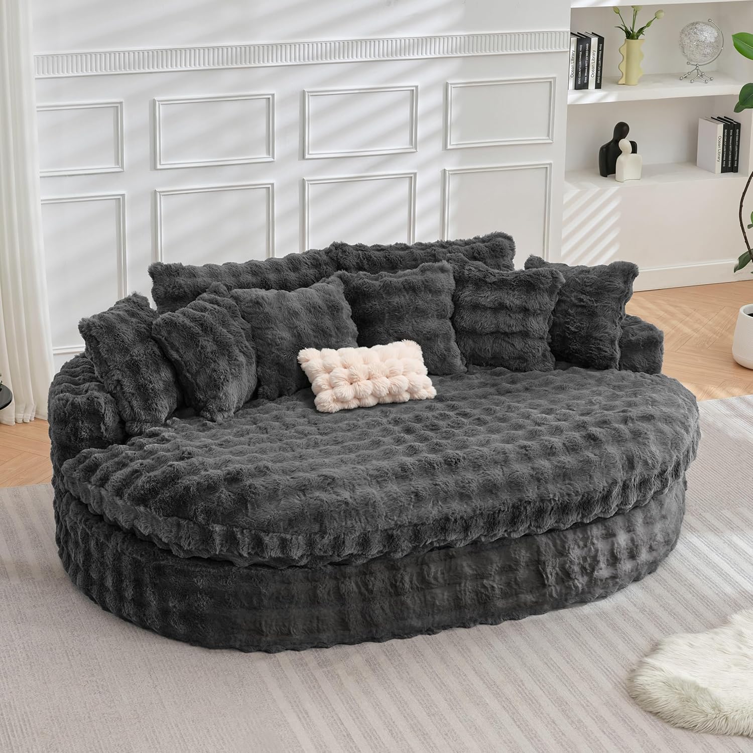 TYBOATLE 83’’ Oversized Round Boneless Couch w/Deep Seat, Round Memory Foam Couch, Comfy Fluffy Plush Bubble Sofa w/Double Cushion, Circle Bed for Livingroom, Bedroom (Grey)