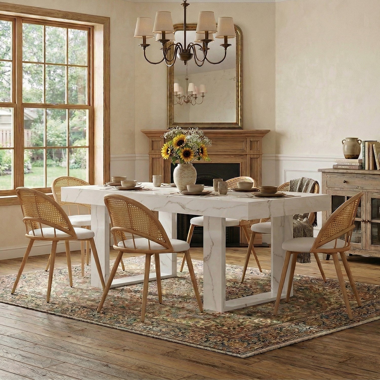 TYBOATLE 71''-87'' Extendable Dining Table Set for 6, Farmhouse Wooden Dining Room Table Set, 7 Piece Dinner Table Set with Upholstered Rattan Dining Chairs (Natural & White, 71''-87''- 6 Chairs)