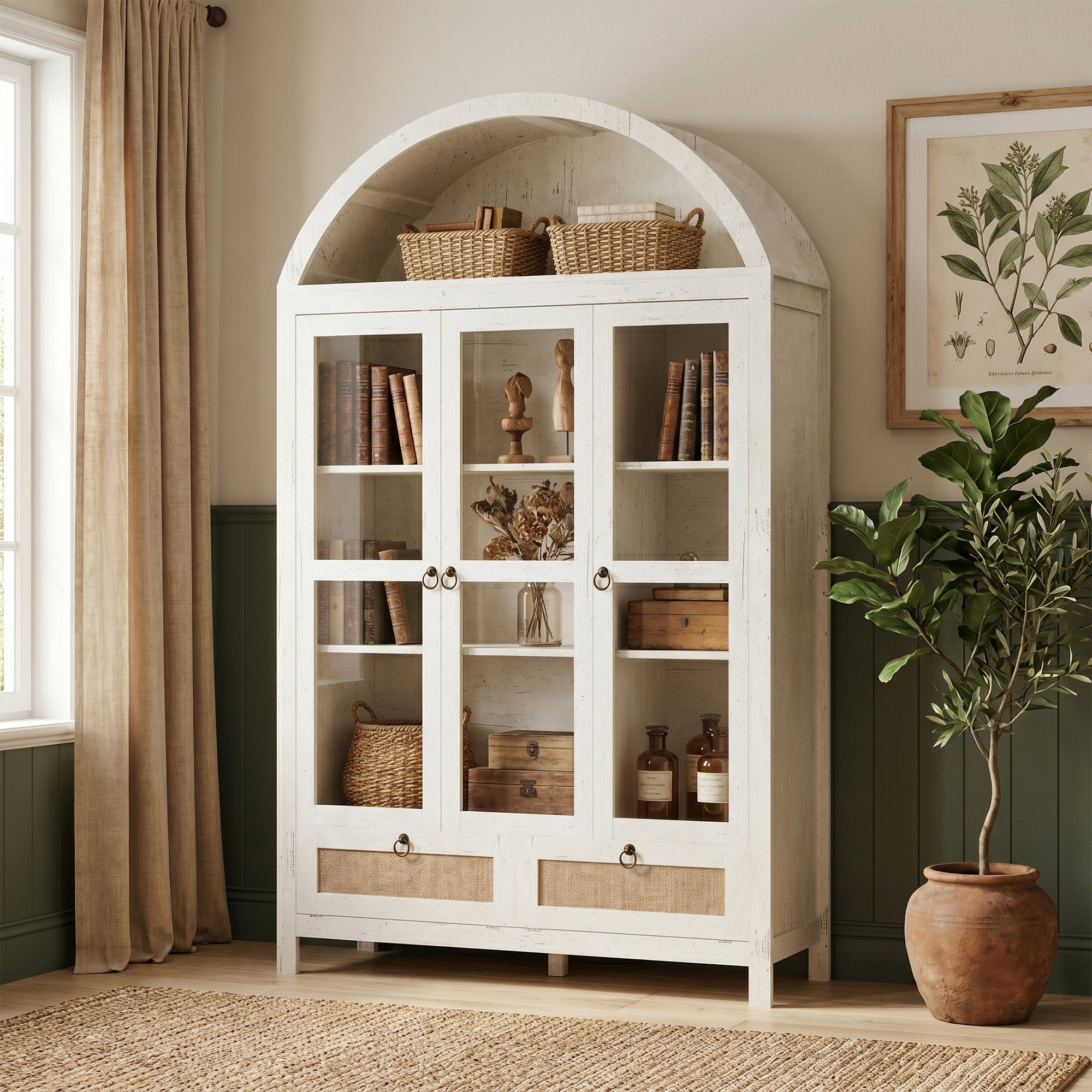 75'' White Arched Cabinet, Arch Storage Cabinet, Pantry with 3 Glass Doors | TYBOATLE, Pantry Cabinet, Farmhouse Style, Rattan Drawers, Anti-Tip Device, Kitchen, Bathroom, Dining Room, Cupboard Storage