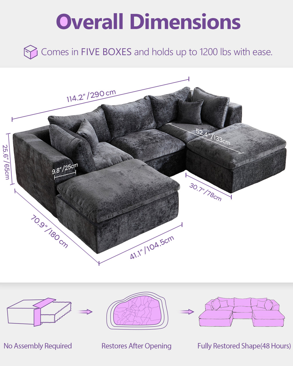 TYBOATLE 114’’ Grey Boneless Couch for Living Room, U Shaped Cloud Sectional Sofa w/Ottoman, Comfy Boneless Modular Couch w/Memory Foam