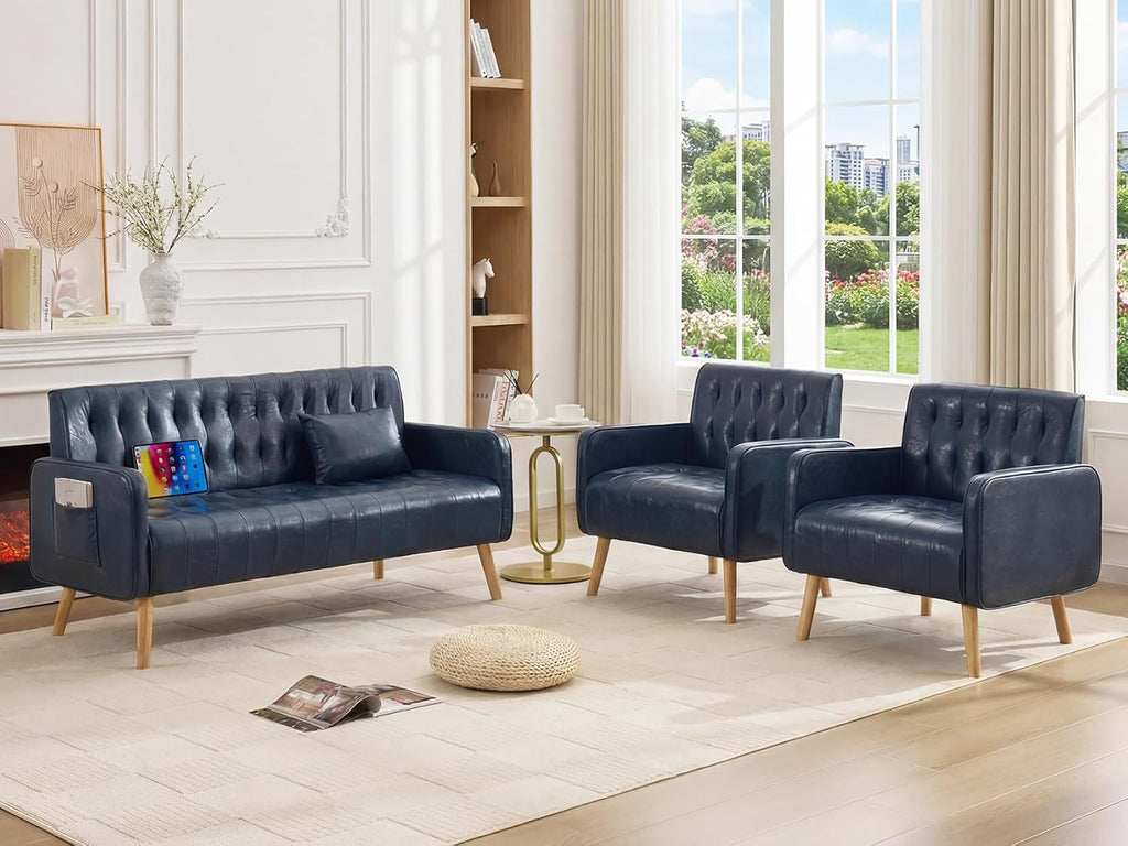 TYBOATLE Faux Leather Love Seat Couch and Accent Chair (Blue, 3) Mid-Century Modern, Tufted Backrest, Small, USB & Side Pockets, 3 Pieces Living Room Sets