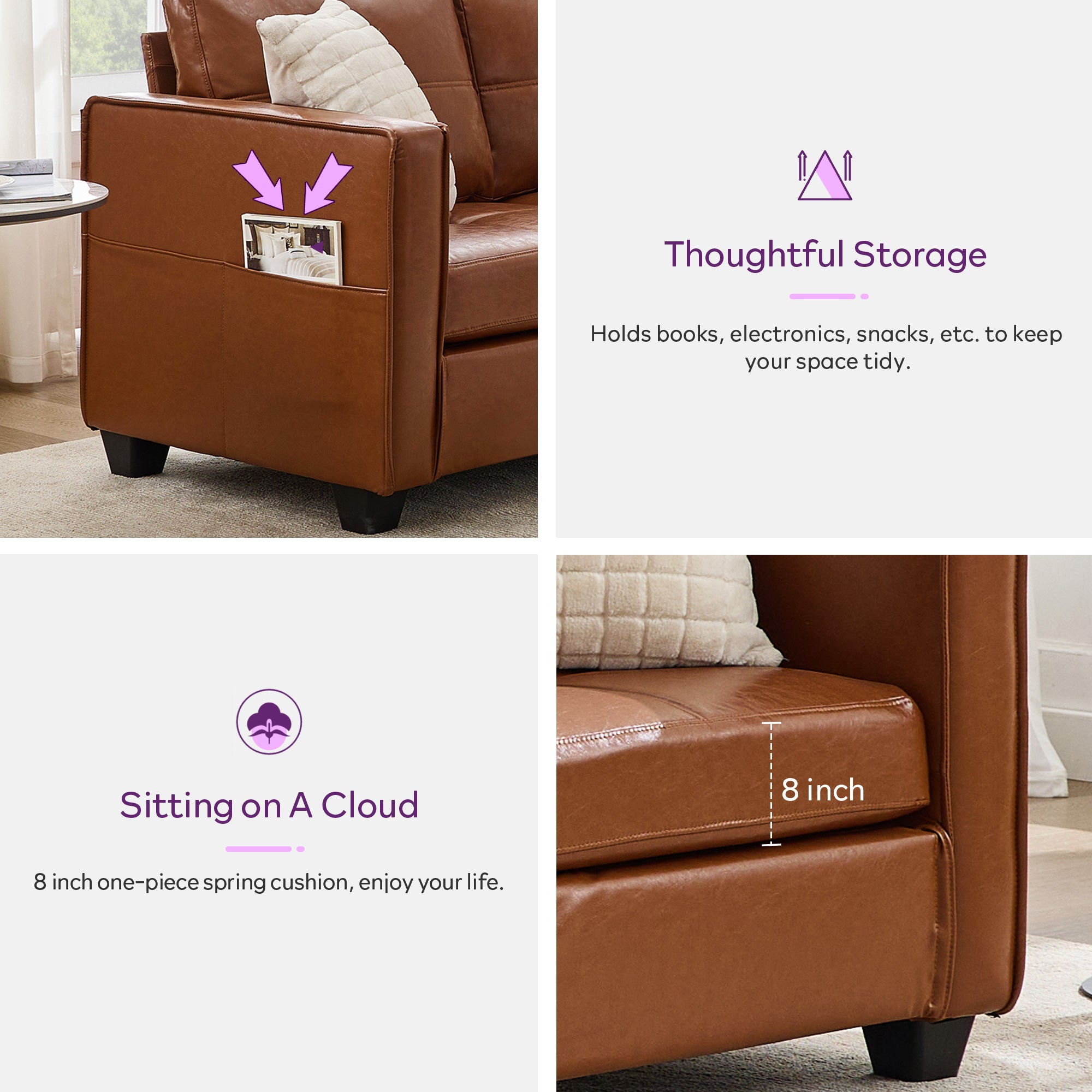 TYBOATLE 88" W Faux Leather Couch w/Side Pockets, Mid-Century Modern Tufted Comfy Leather Couches w/USB and Wider Arms, 3 Seater Sofa for Office, Apartment, Bedroom, Brown (Brown, 3 Seater)