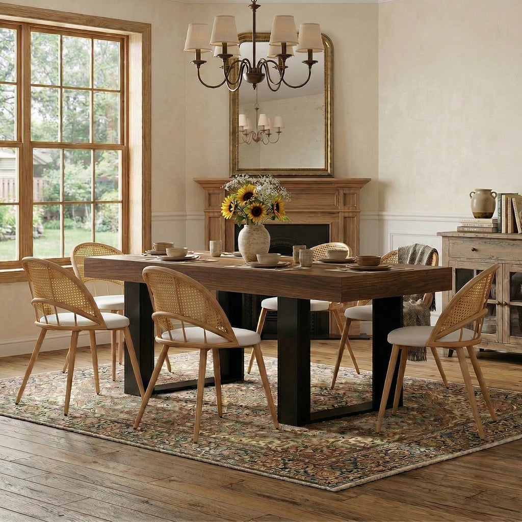TYBOATLE 63'' - 79'' Extendable Dining Table Set for 6, Farmhouse Wooden Dining Room Table Set, 7 Piece Dinner Table Set with Upholstered Rattan Dining Chairs (Brown & White, 63''-79''- 6 Chairs)