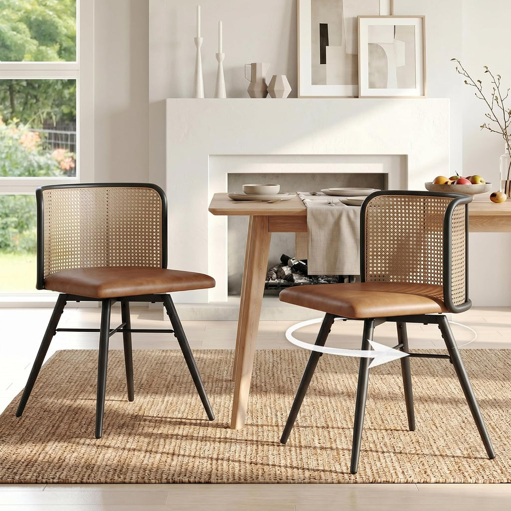 TYBOATLE Swivel Rattan Dining Chiars Set of 2, Farmhouse Boho Dining Room Chair with Rattan Woven Back and Faux Leather Seat, Upholstered Kithchen Chairs for Dining Table (Brown)
