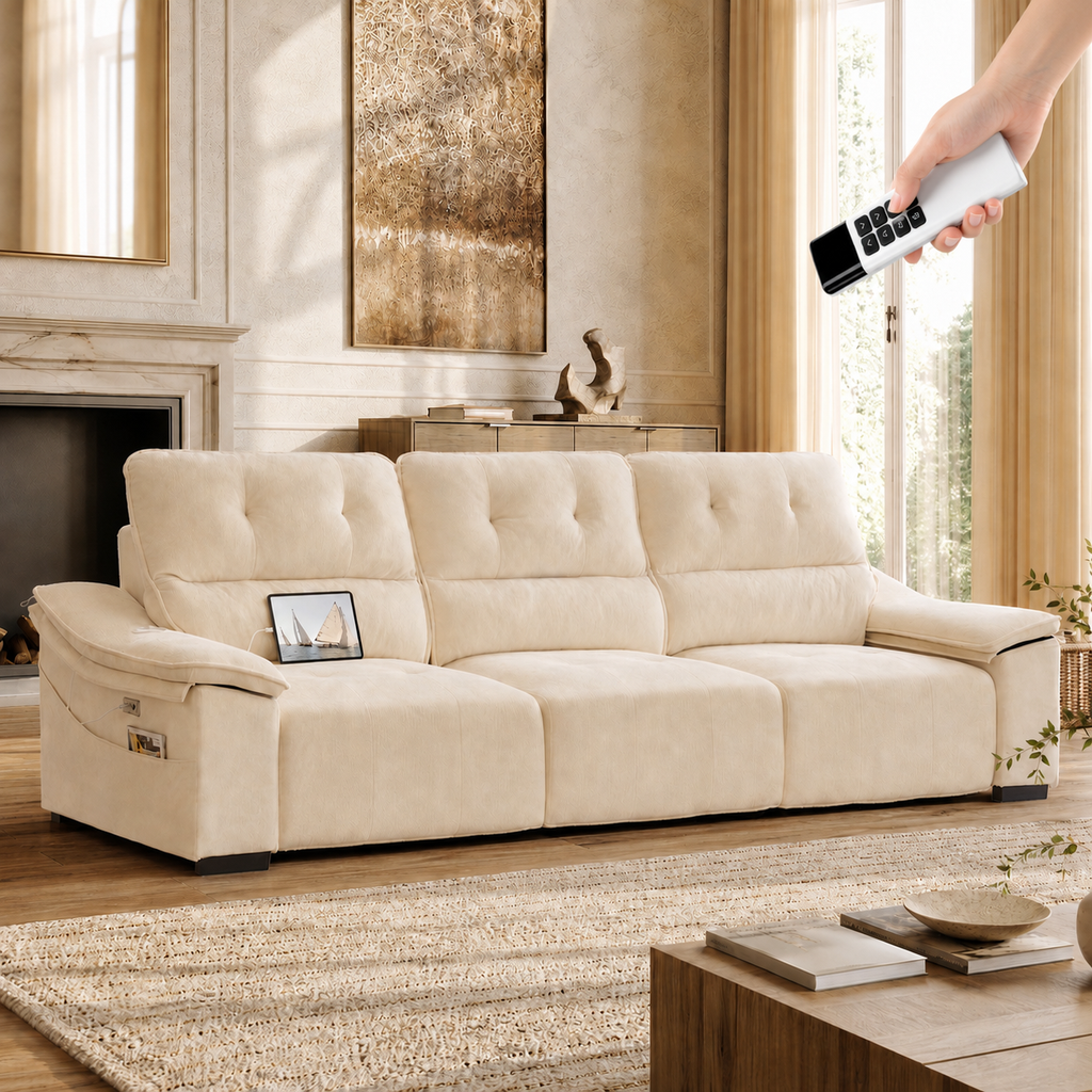 110” Electric Extendable Reclining Couch, Power Pull Out Sleeper Sofa Bed