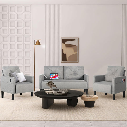 CHYMSUN Loveseat Sofa, 3 Pieces Set Mid Century Modern Sofa Couch w/ 2 USB & Side Pocket, Tufted Small Love Seat Sofas for Living Room, Small Spaces, Office, Apartment Furniture (3, Light Grey)