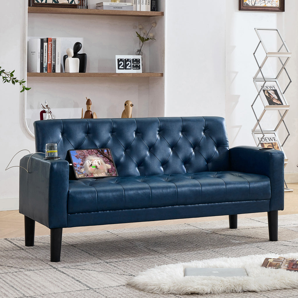 TYBOATLE 62" W Leather Loveseat w/ 2 USB and 2 Cupholders, Mid-Century Modern Tufted Small Love Seat Mini Couches for Office, Living Room, Bedroom, Dorm, Blue