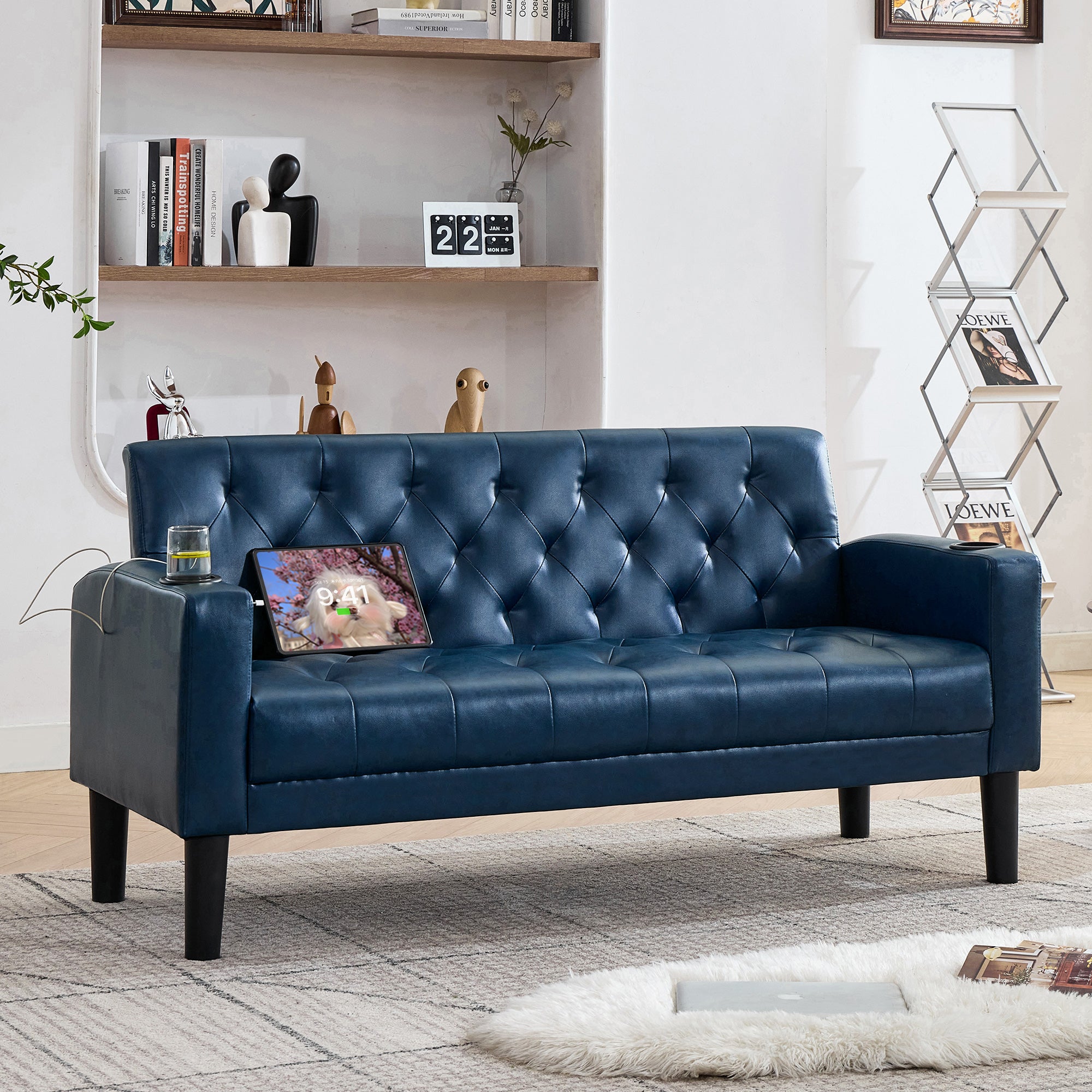 TYBOATLE 62" W Leather Loveseat w/ 2 USB and 2 Cupholders, Mid-Century Modern Tufted Small Love Seat Mini Couches for Office, Living Room, Bedroom, Dorm, Blue