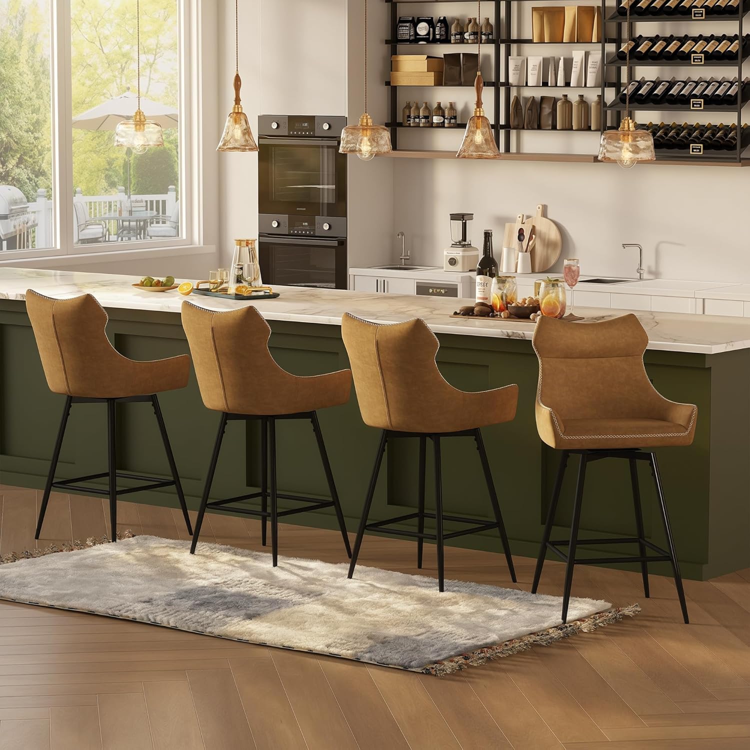 TYBOATLE 26” Leather Swivel Bar Stools Set of 4, Counter Height Bar Stools with Metal Legs, Height-Adjustable Upholstered Faux Leather Barstools for Kitchen Counter, Brown