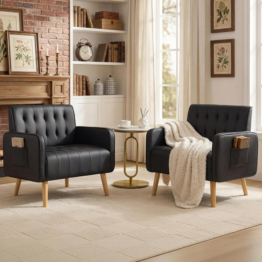 TYBOATLE Leather Accent Chair Set of 2, Mid-Century Modern Living Room Chair with Pocket and Wooden Legs, Tufted Cozy Office Reading Chair, Armchair for Living Room, Waiting Room, Bedroom (Black, 2)