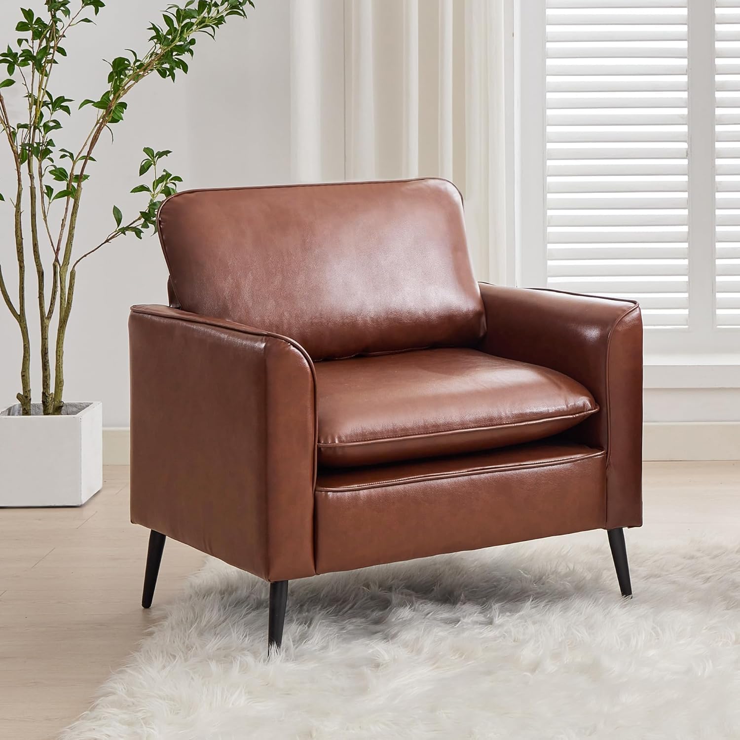 TYBOATLE Accent Chair, Brown Faux Leather Chair, Comfy Living Room Chairs, Office Reading Chair, Mid Century Modern Side Chairs, Arm Chairs for Bedroom, Office, Apartment