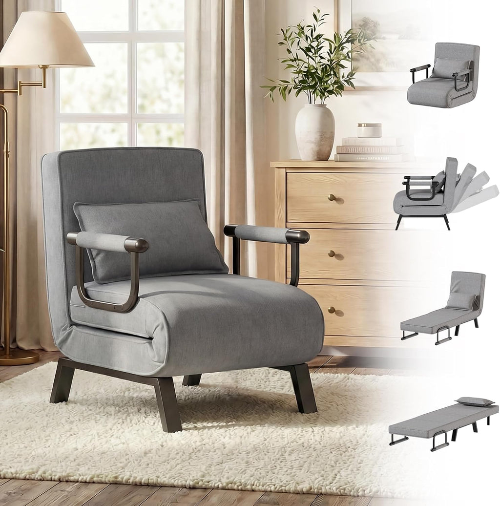 TYBOATLE Sleeper Chair Bed, Comfy Convertible Sleeper Futon Chairs for Adults, 5 in 1 Folding Bed Chair with Adjustable Backrest & Side Pockets & Pillow, Cozy Small Sofa for Small Spaces (Light Grey)