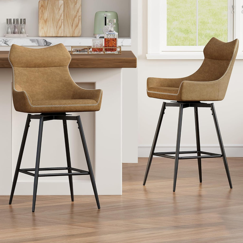 TYBOATLE 26” High Back Leather Swivel Bar Stools Set of 2, Counter Height Bar Stools with Metal Legs, Height-Adjustable Upholstered Faux Leather Barstools for Kitchen Counter, Brown