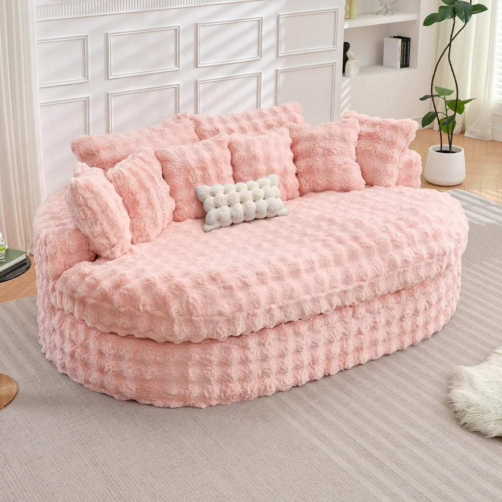 83’’ Oversized Round Sofa Bed w/Deep Seat, Round Chaise Lounge Chair Indoor w/Memory Foam, Comfy Fluffy Plush Cloud Couch w/Double Cushion, Circle Couch Bed for Livingroom, Bedroom (Pink)
