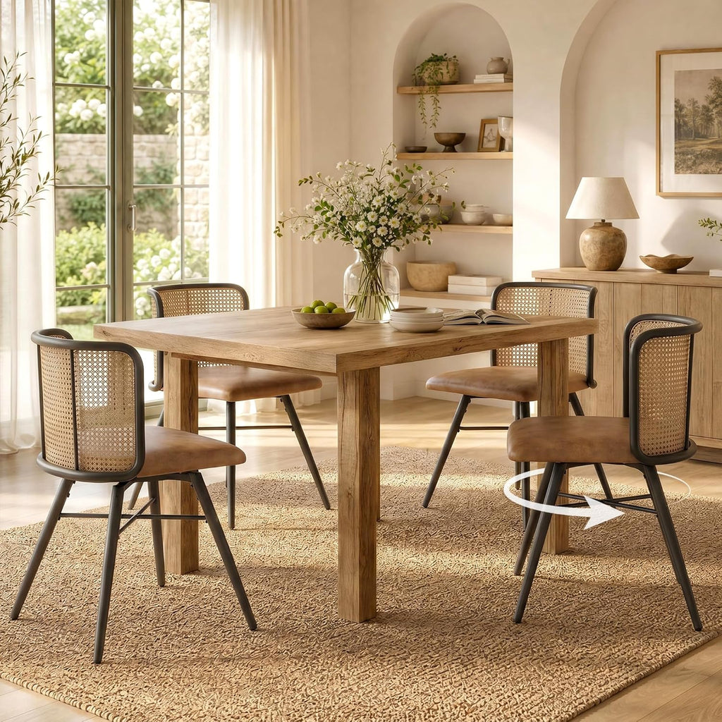 TYBOATLE Swivel Rattan Dining Chiars Set of 4, Farmhouse Boho Dining Room Chair with Rattan Woven Back and Faux Leather Seat, Upholstered Kithchen Chairs for Dining Table (Brown)