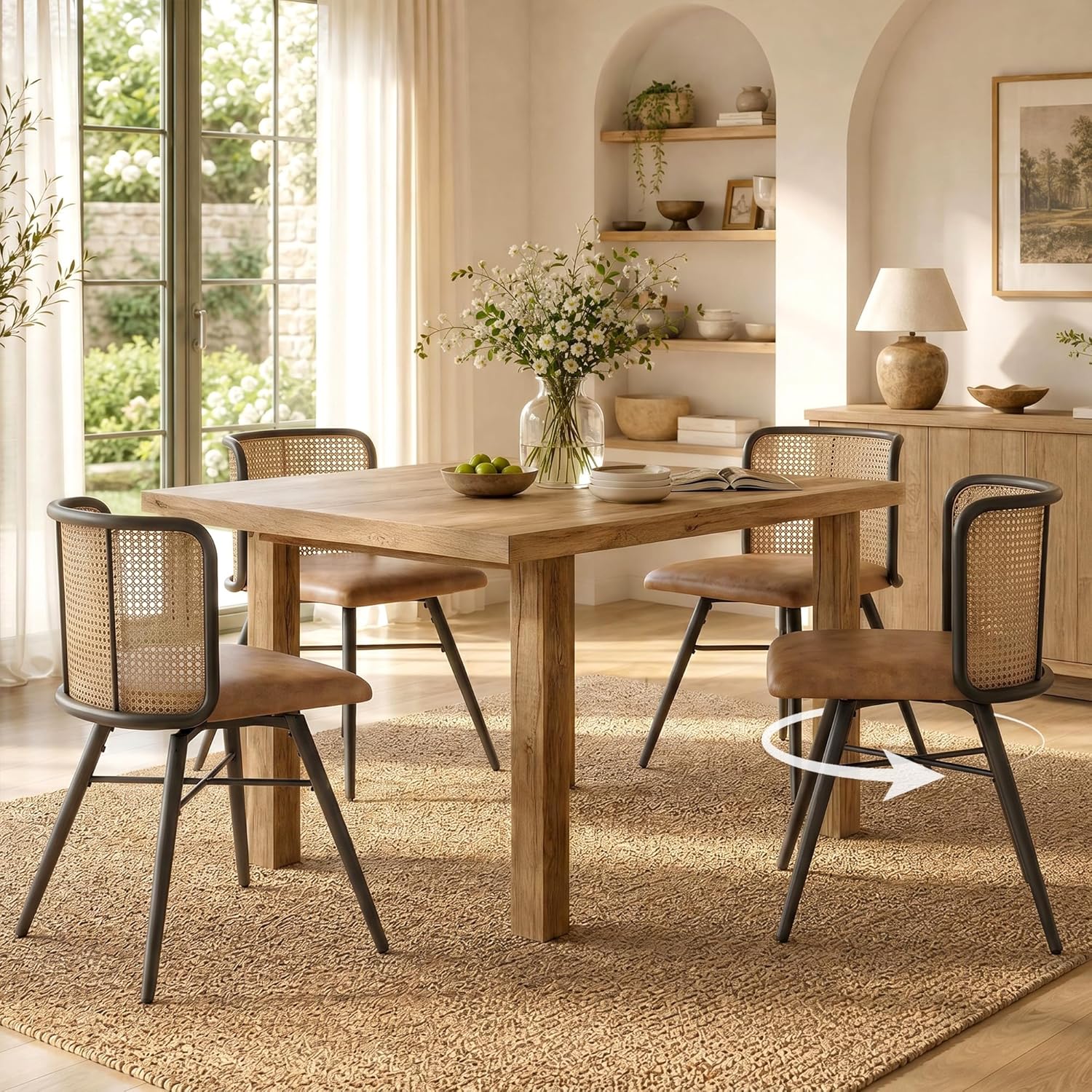 TYBOATLE Swivel Rattan Dining Chiars Set of 4, Farmhouse Boho Dining Room Chair with Rattan Woven Back and Faux Leather Seat, Upholstered Kithchen Chairs for Dining Table (Brown)