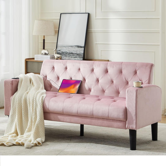 TYBOATLE 62" W Loveseat Sofa w/ 2 USB Charger Ports and 2 Cupholders, Mid-Century Modern Tufted Pink Velvet Small Love Seat Couches for Compact Living Room, Bedroom, Apartment, Dorm