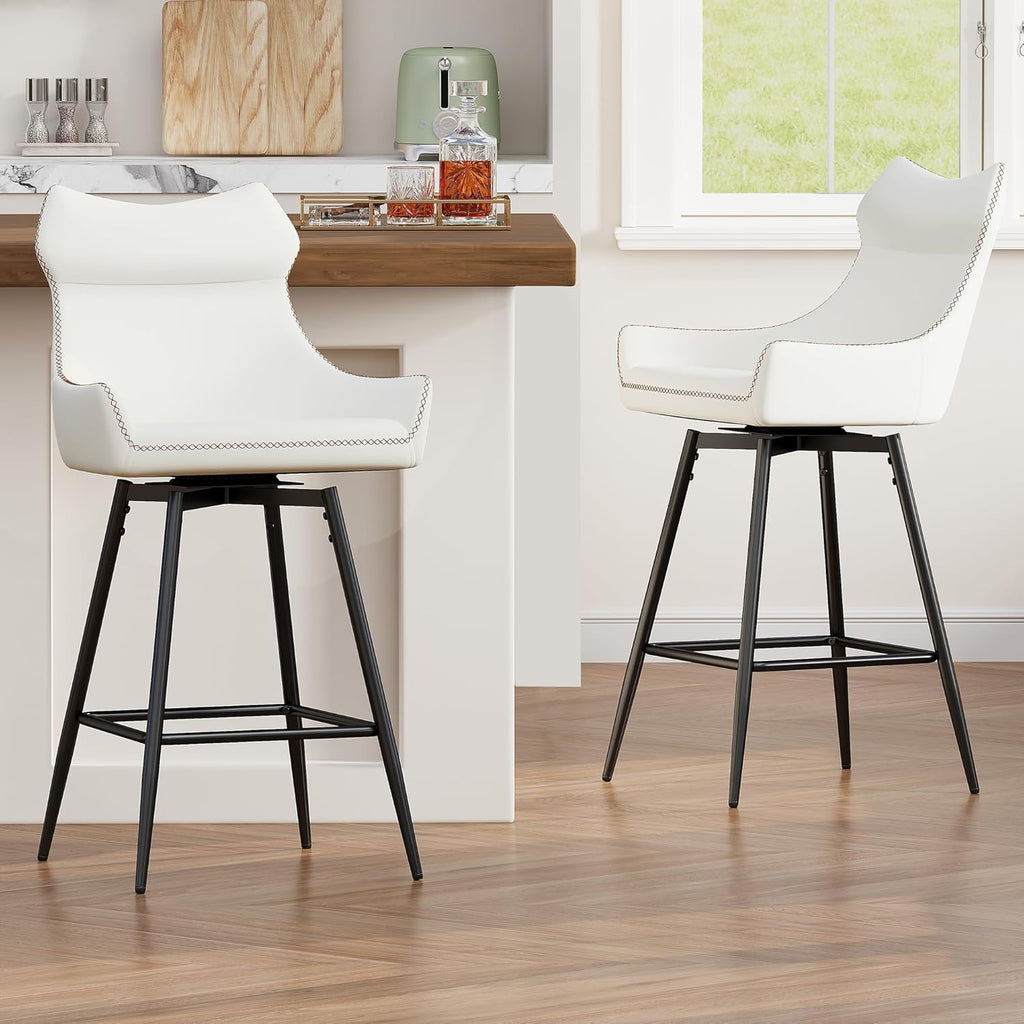 TYBOATLE 26” High Back Leather Swivel Bar Stools Set of 2, Counter Height Bar Stools with Metal Legs, Height-Adjustable Upholstered Faux Leather Barstools for Kitchen Counter, White