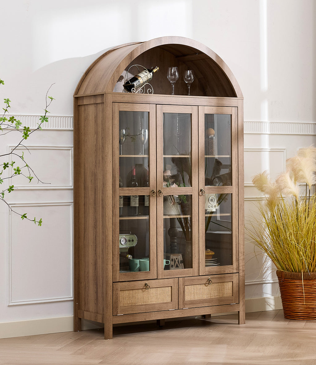 TYBOATLE 75'' Arched Cabinet Classic Farmhouse Design w/Three Glass Doors, Arch Cabinet w/Rattan Drawers and Anti-Tipping Device, Versatile Cupboard for Kitchen, Bathroom, Natural