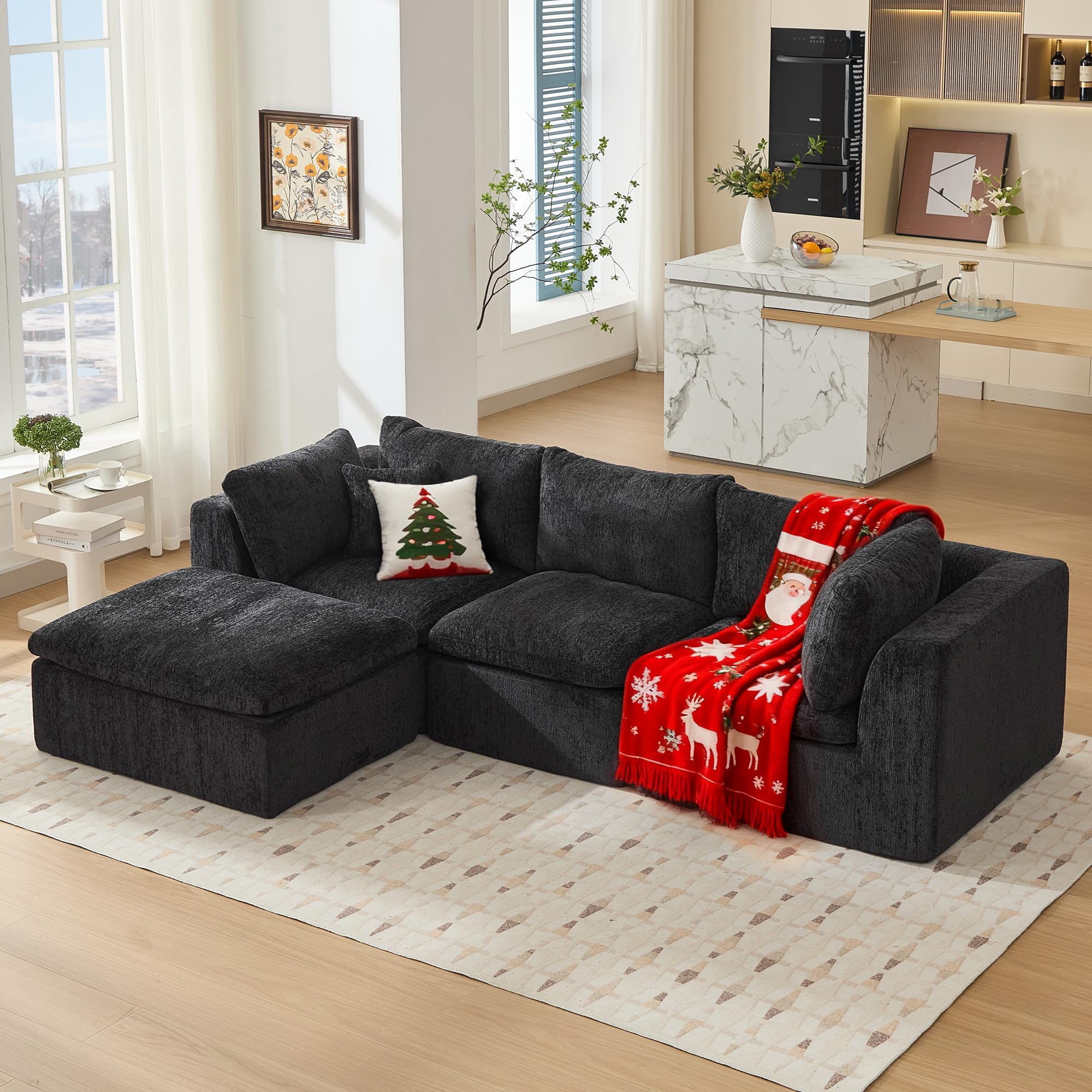TYBOATLE 114’’ Black Boneless Couch for Living Room, L Shaped Cloud Sectional Sofa w/Ottoman, Comfy Boneless Modular Couch w/Memory Foam, Black