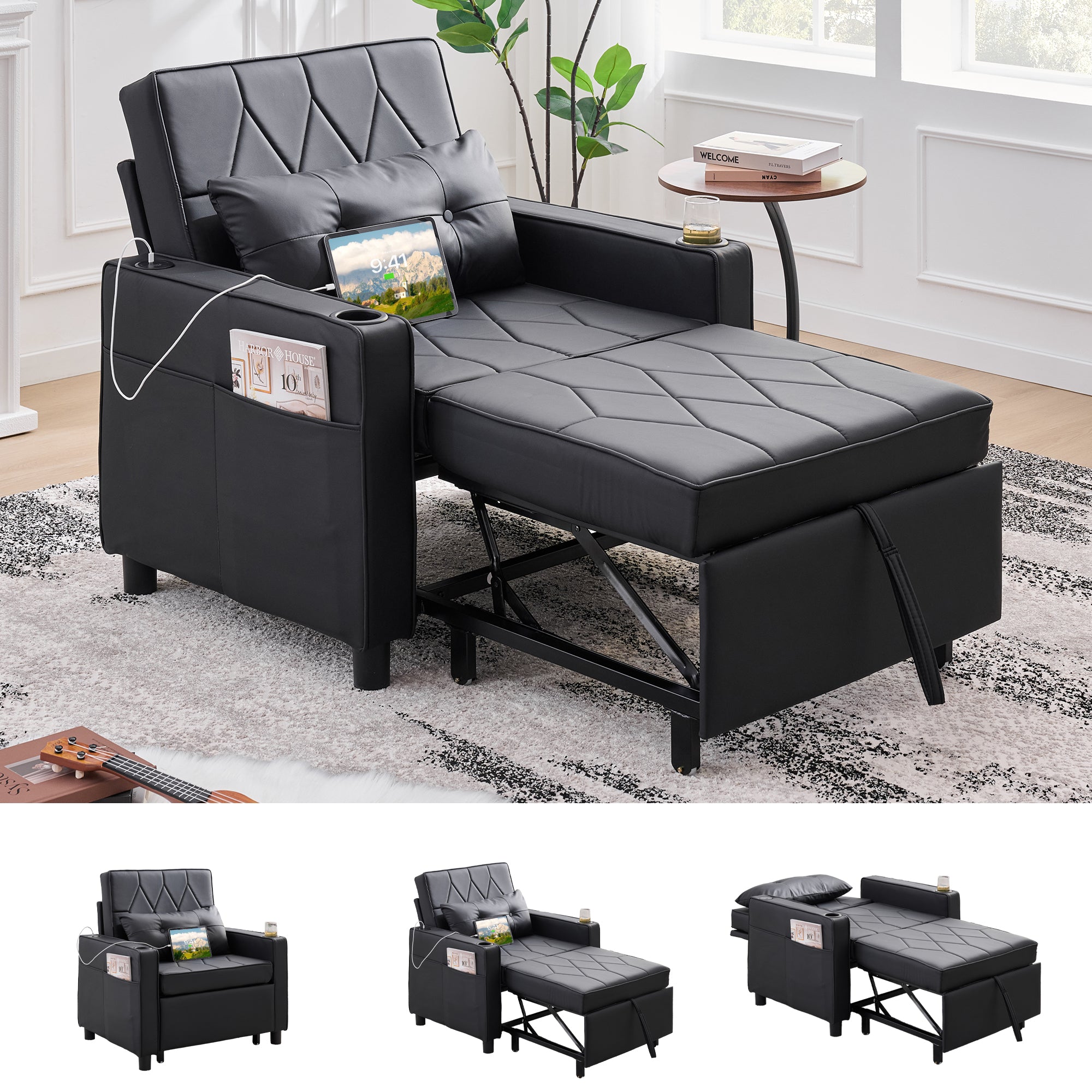 TYBOATLE Leather Convertible Sleeper Chair Bed for Adults, 3-in-1 Pull Out Sofa Chair Bed with USB/Type-C Ports, Cup Holders, Side Pockets, Single Sofa for Living Room, Office, Bedroom (Black)