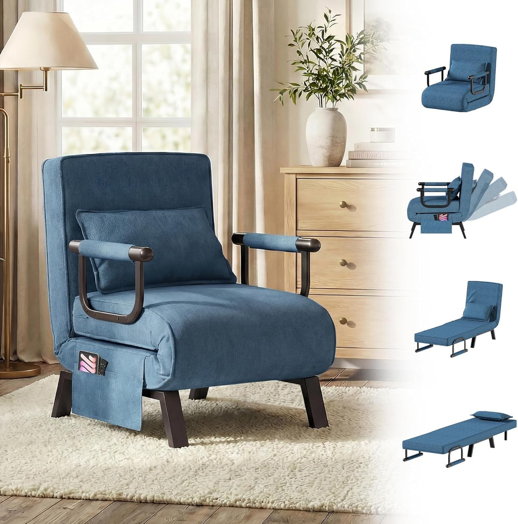 TYBOATLE Sleeper Chair Bed, Comfy Convertible Sleeper Chairs for Adults, 5 in 1 Folding Bed Chair with Adjustable Backrest & Side Pockets & Pillow, Cozy Small Futon Sofa for Small Spaces (Blue)