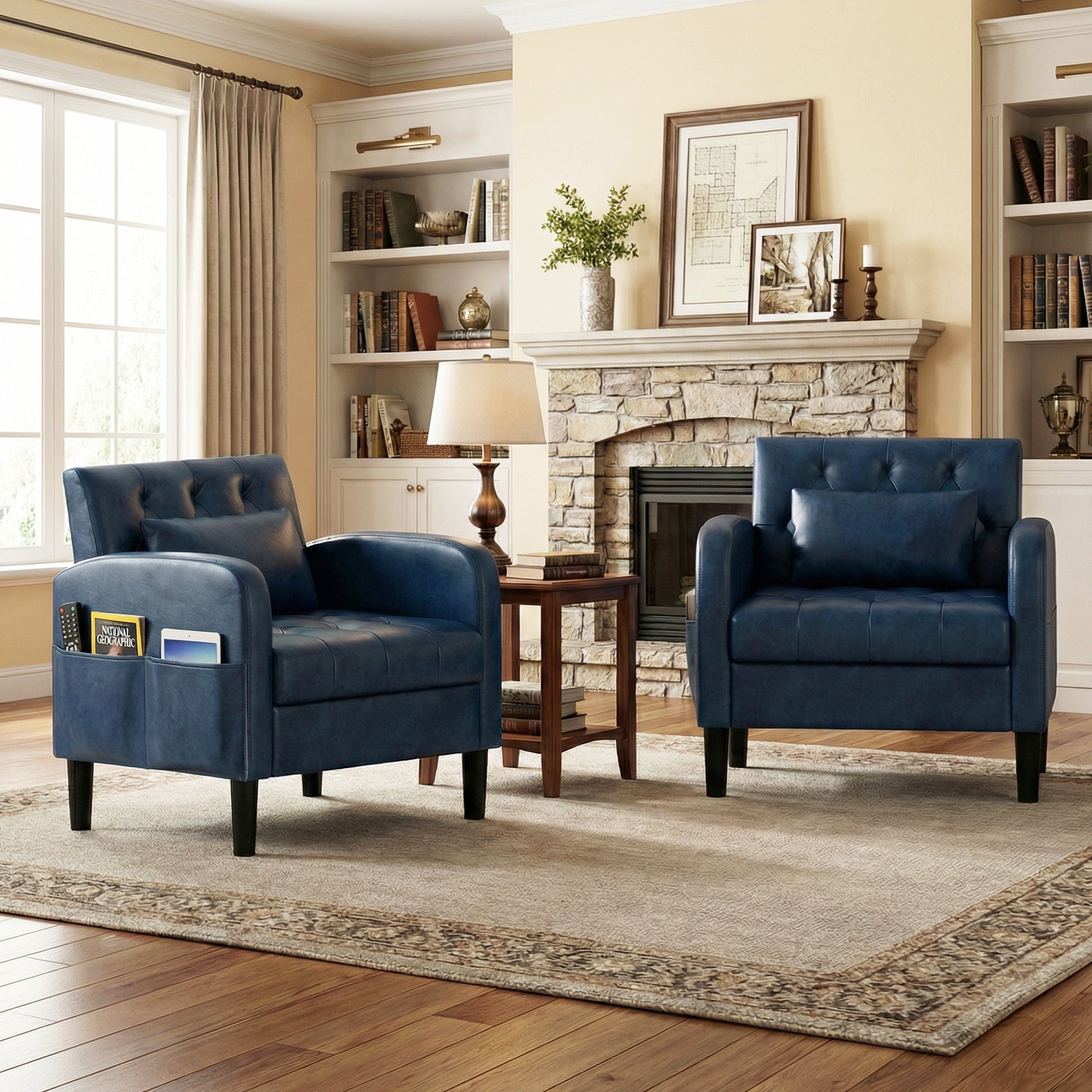 TYBOATLE Leather Chairs Set of 2 w/Storage, Comfy Modern Living Room Chairs, Accent Chair Set of 2 for Reading, Armchair for Bedroom, Waiting Room, Office (2, Blue)