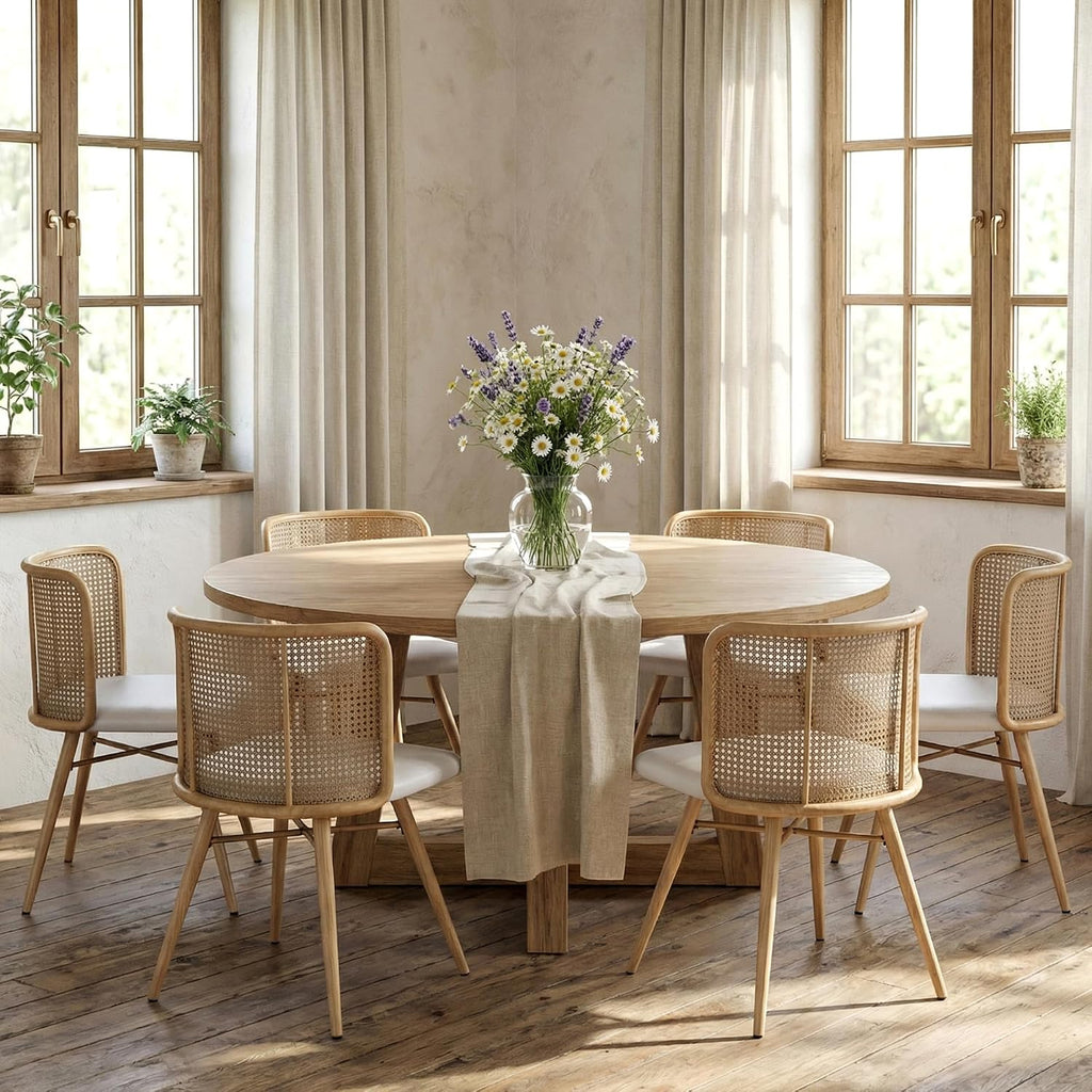 TYBOATLE Rattan Dining Chairs Set of 6, Farmhouse Boho Dining Room Chair with Natural Cane Woven Back and Faux Leather Seat, Mid-Century Modern Kitchen Chairs (6, Cream White)