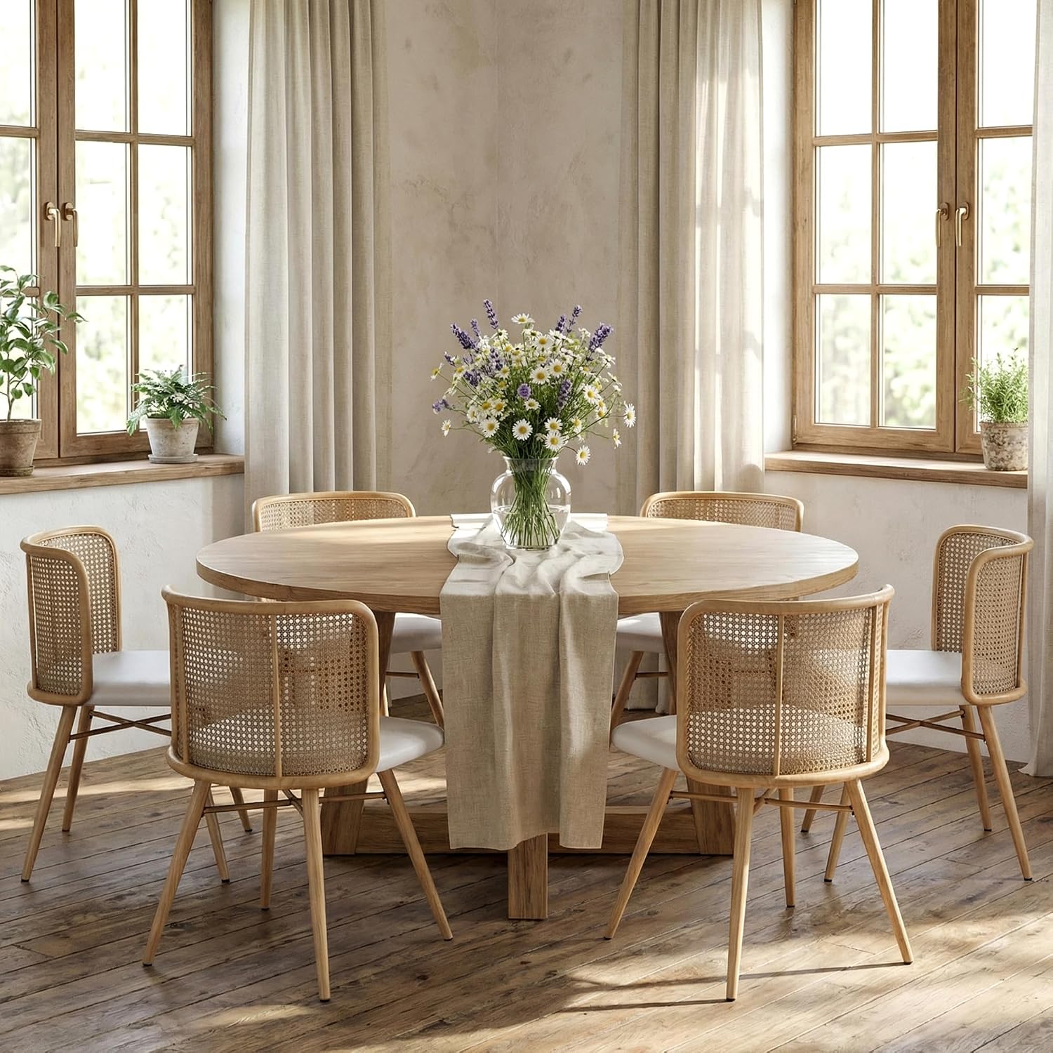 TYBOATLE Rattan Dining Chairs Set of 6, Farmhouse Boho Dining Room Chair with Natural Cane Woven Back and Faux Leather Seat, Mid-Century Modern Kitchen Chairs (6, Cream White)