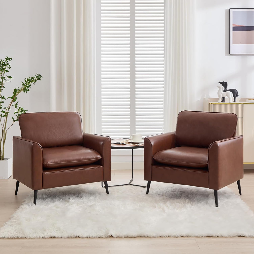 TYBOATLE Accent Chairs Set of 2, Brown Faux Leather Chairs, Comfy Living Room Chairs, Cozy Office Reading Chair, Mid Century Modern Sofa Chairs, Armchairs for Office, Bedroom