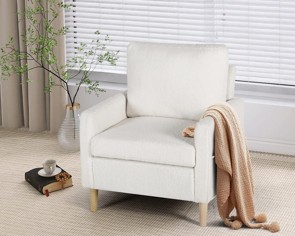 TYBOATLE Accent Chair, Mid-Century Modern Fabric Living Room Arm Chair, Furry Cozy Upholstered Armchair w/Side Pocket, Reading Lounging Side Chairs for Office, Apartment, Bedroom, Cream White