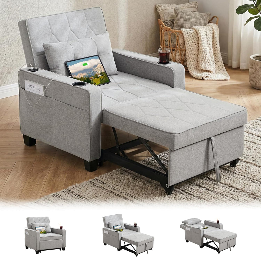 TYBOATLE Convertible Sleeper Chair Bed, 3-in-1 Pull Out Sofa Chair Bed with USB/Type-C Ports, Cup Holders, Side Pockets, Single Sofa for Living Room, Bedroom, Small Space (Gray)
