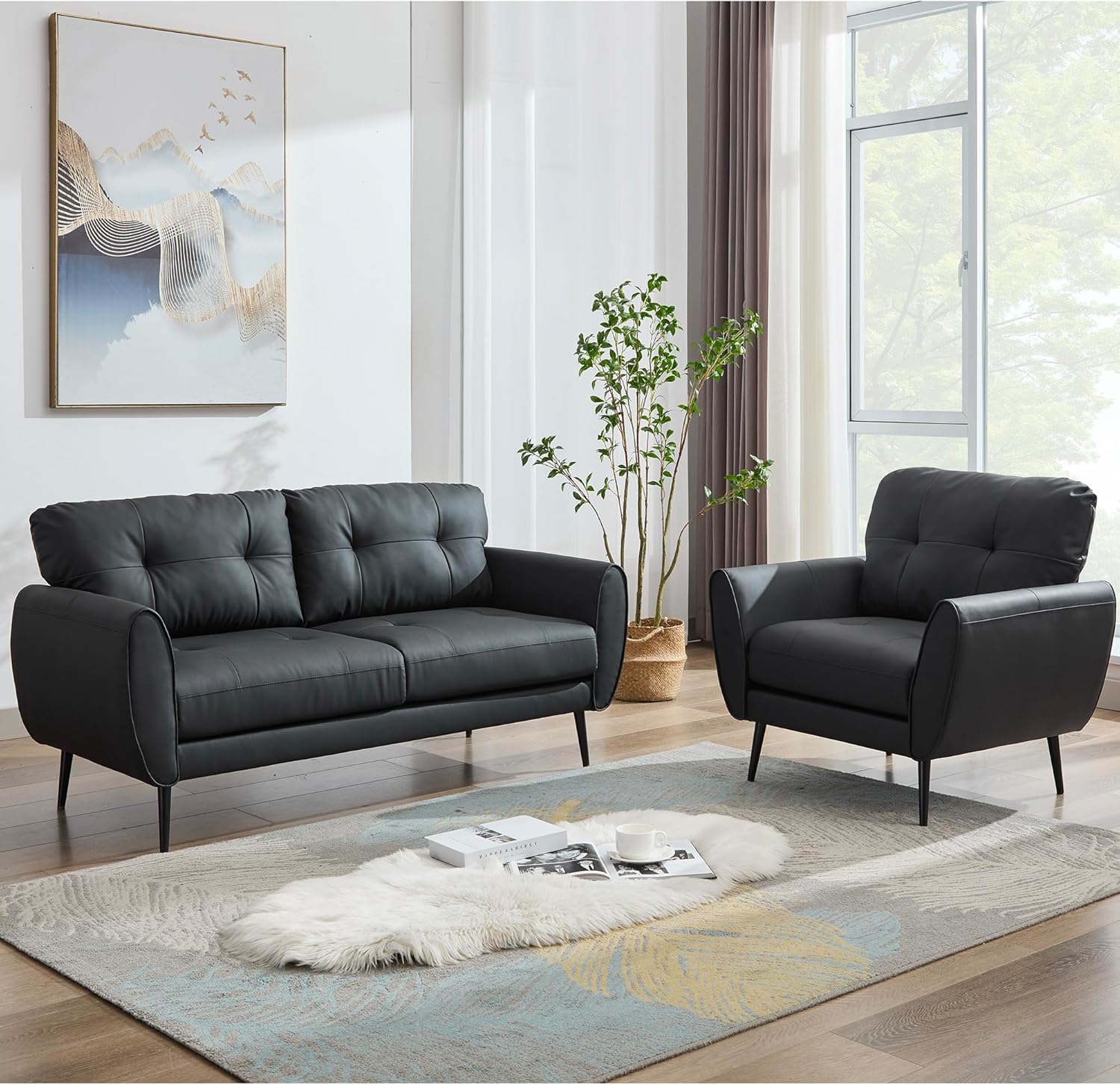 TYBOATLE Sofa Couch 61" Small Loveseat Couches for Living Room Leather Couch Mid Century Modern Tufted Mini Sofa Comfy Office 2 Seat Settee Love Seat for Small Spaces Bedroom (2, Black)