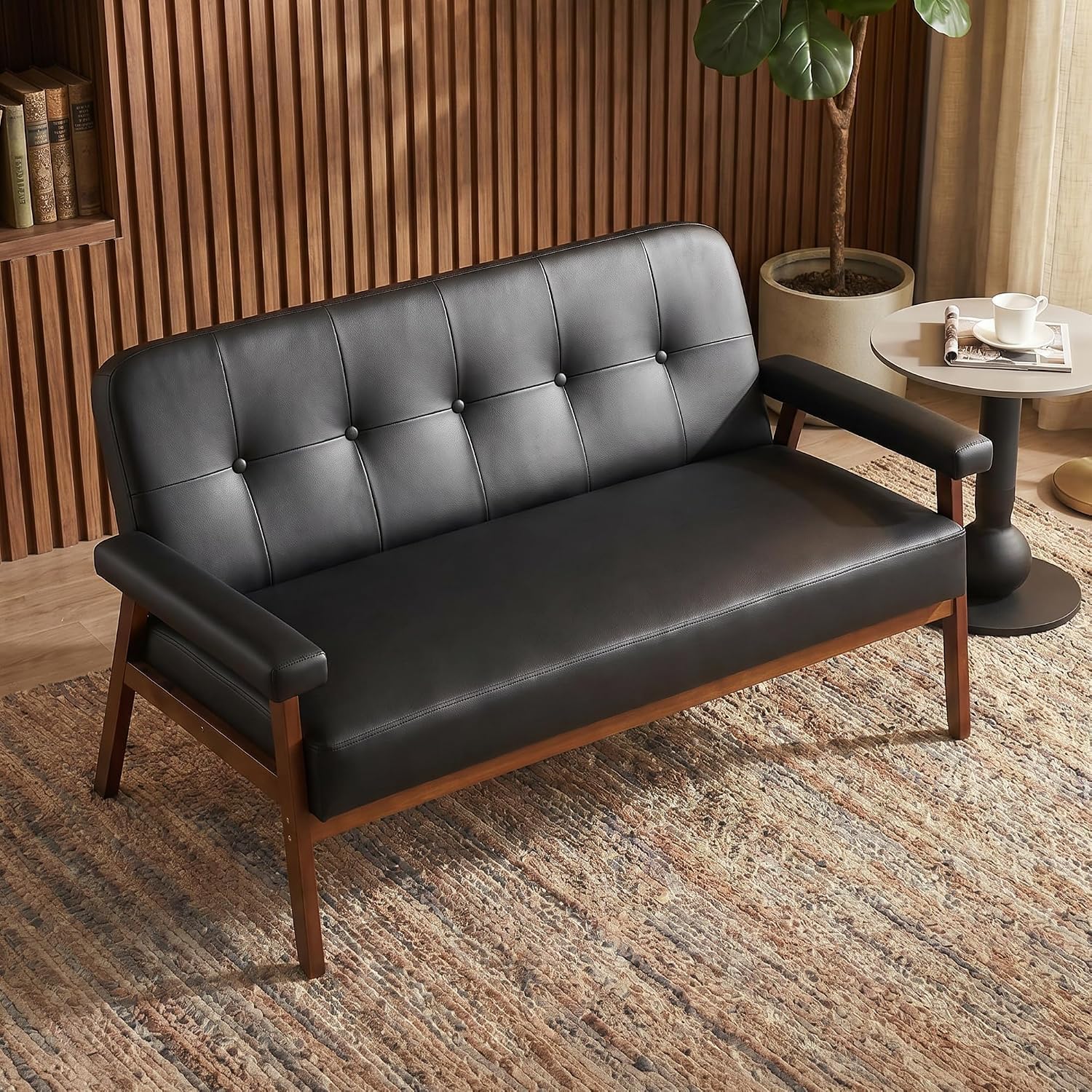 JIASTING 50” Black Leather Loveseat, Tufted Small Office Sofa Couch with Wood Arms, Mid Century Modern, Two Seater, Small Spaces, Living Room, Waiting Room, Bedroom, Black