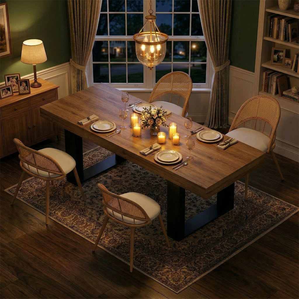 TYBOATLE 63'' - 79'' Extendable Dining Table Set for 4, Farmhouse Wooden Dining Room Table Set, 5 Piece Dinner Table Set with Upholstered Rattan Dining Chairs (Brown & White, 63''-79''- 4 Chairs)