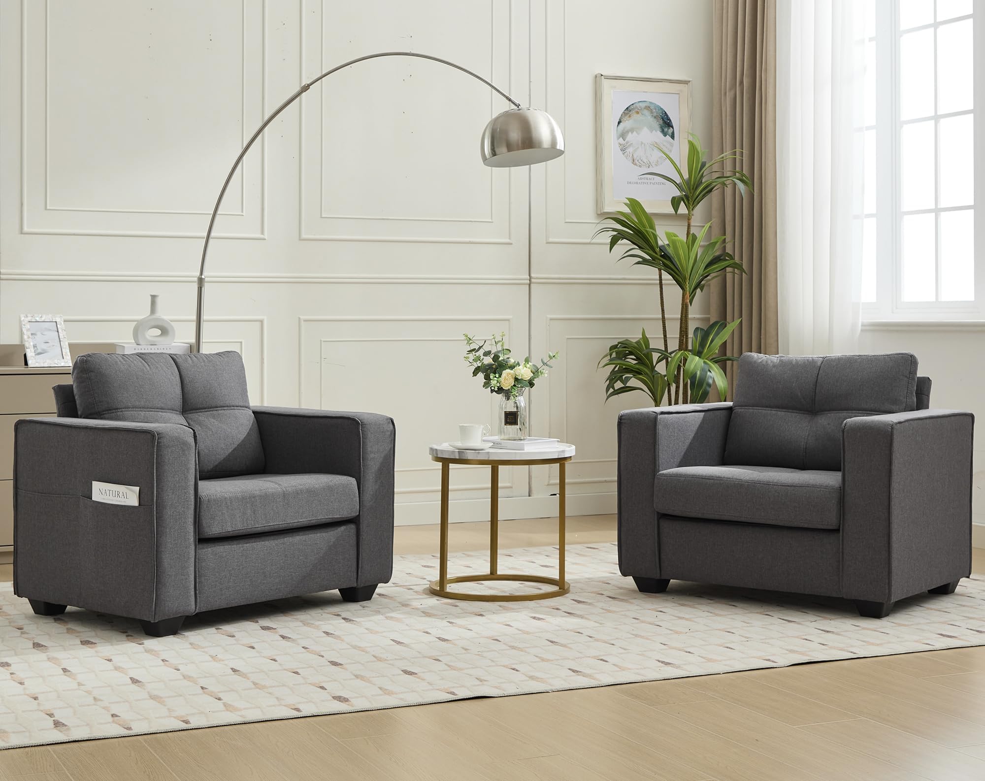 TYBOATLE Accent Chairs Set of 2, Modern Tufted Upholstered Living Room Chair, Comfy Arm Chair, Linen Fabric Reading Club Chairs for Living Room, Office