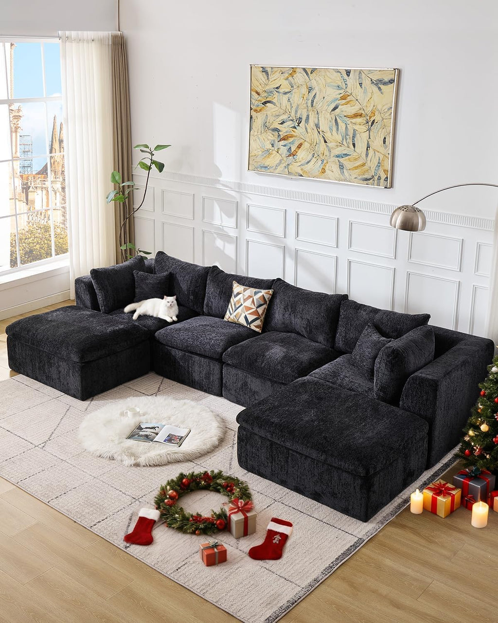 TYBOATLE 146’’ Black Boneless Couch for Living Room, U Shaped Cloud Sectional Sofa w/Ottoman, Comfy Boneless Modular Couch w/Memory Foam