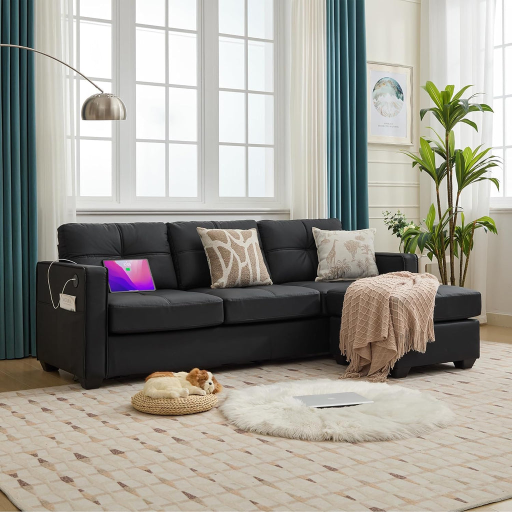 TYBOATLE Black Sofa Couch Sectional Couches for Living Room, Comfy Faux Leather Modular Convertible L Shaped Sofas with USB & Ottoman, Home Sofa Set with Chaise for RV Apartment Office (2)