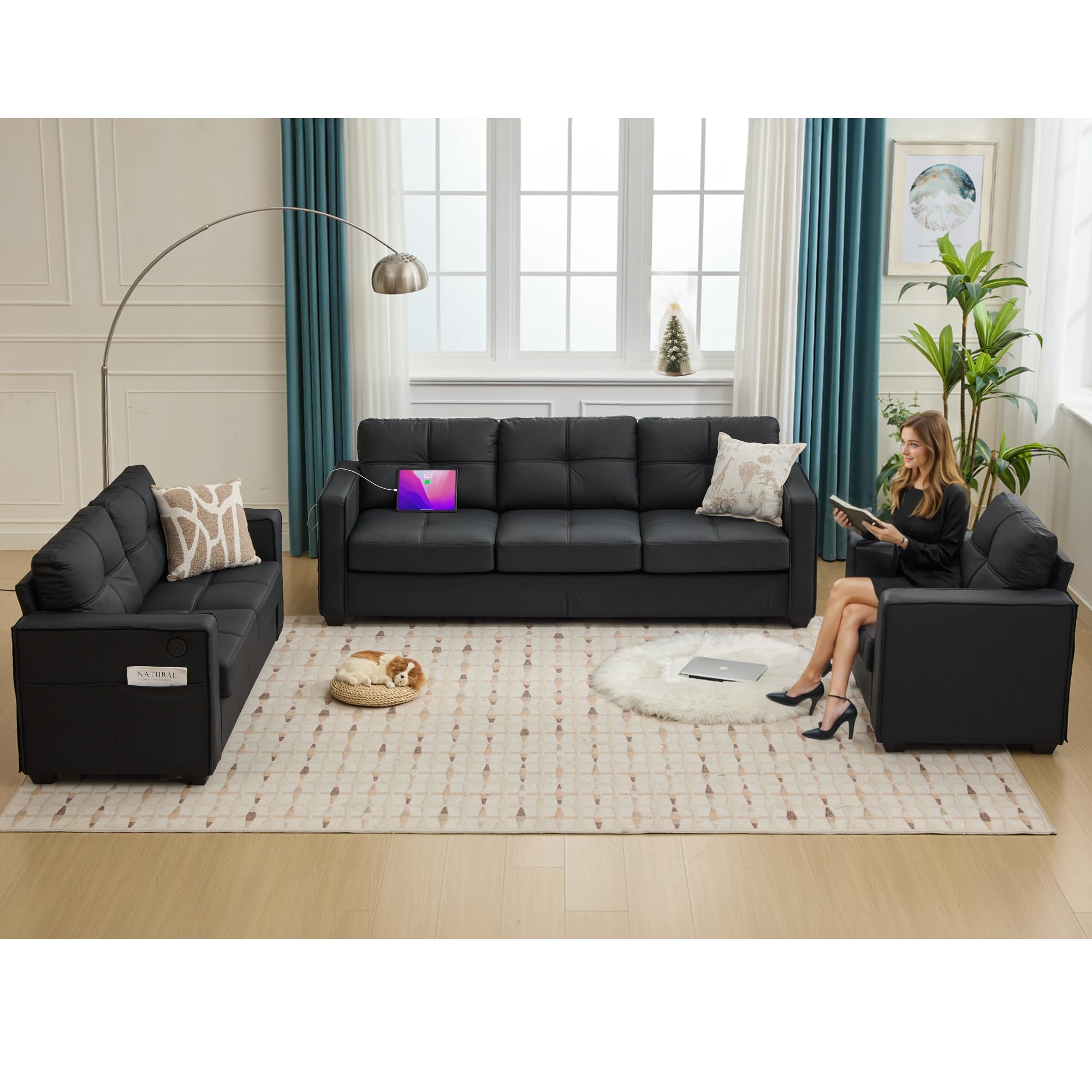 TYBOATLE Black Faux Leather Sofa Sectional Couches for Living Room, 3 Piece Living Room Set Furniture, Comfy Modular Convertible Sofas, Home Office Sofa Set