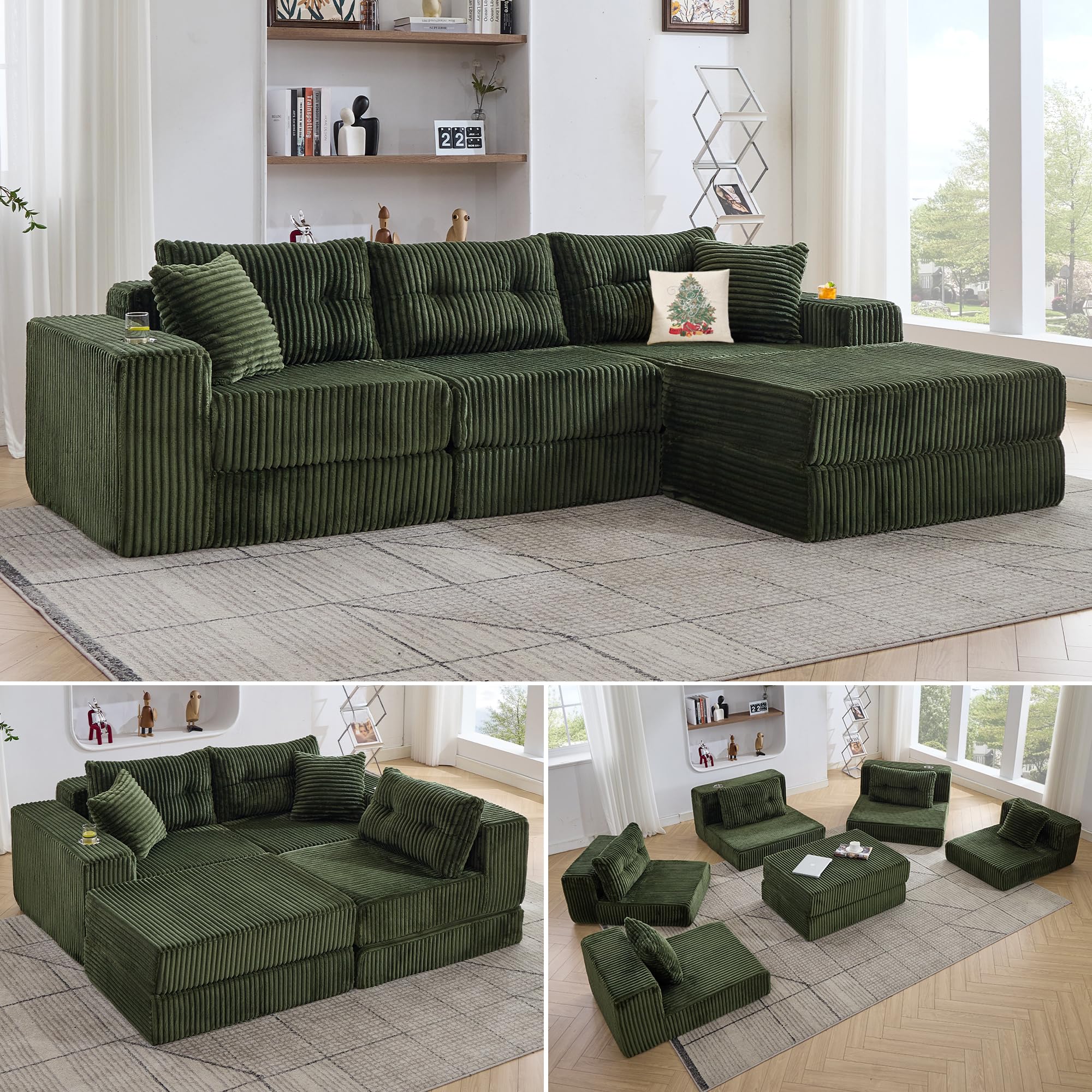 TYBOATLE Modular Sectional Sofa Couch, Corduroy Cloud Boneless Foam Couch with Deep Seats & Cup Holder, Modern Comfy Sleeper Sofa with L-Shape Chaise, No Assembly (Forest Green)