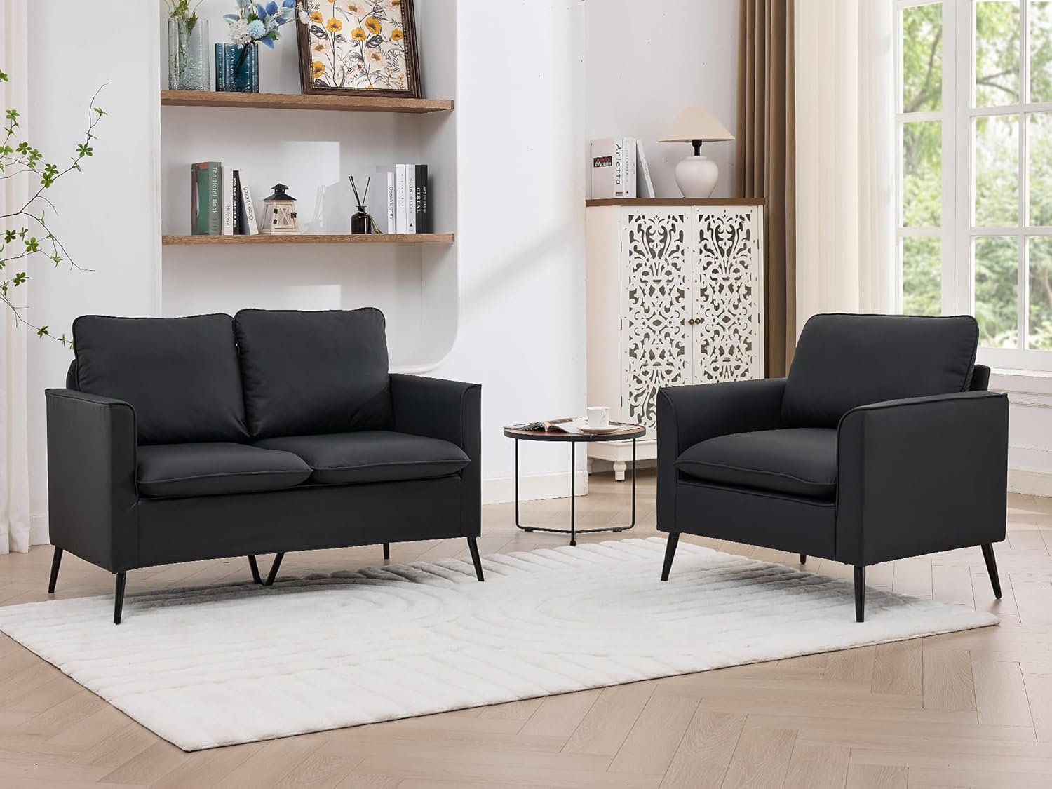 TYBOATLE Leather Loveseat Sofa and Accent Chair, Comfy Love Seat Couch and Chair Set with 2 Pillows, Mid-Century Modern 2 Seat Couches for Small Spaces, 2 Pieces Living Room Furniture Sets (Black, 2)