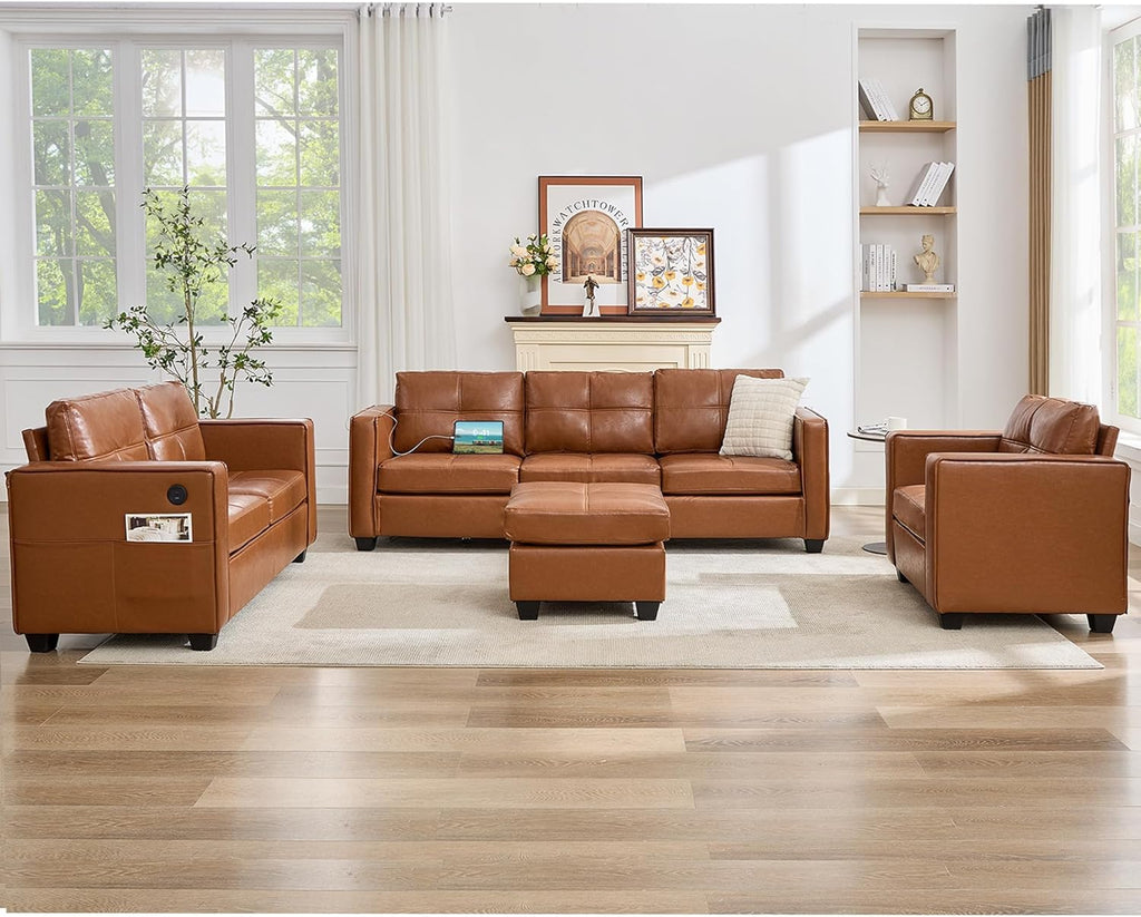 TYBOATLE Brown Sofa Couch Sectional Couches for Living Room, Comfy Comfy Faux Leather Modular Convertible Sofas with Ottoman & USB, Home Sofa Set with Chaise for Apartment Small Space