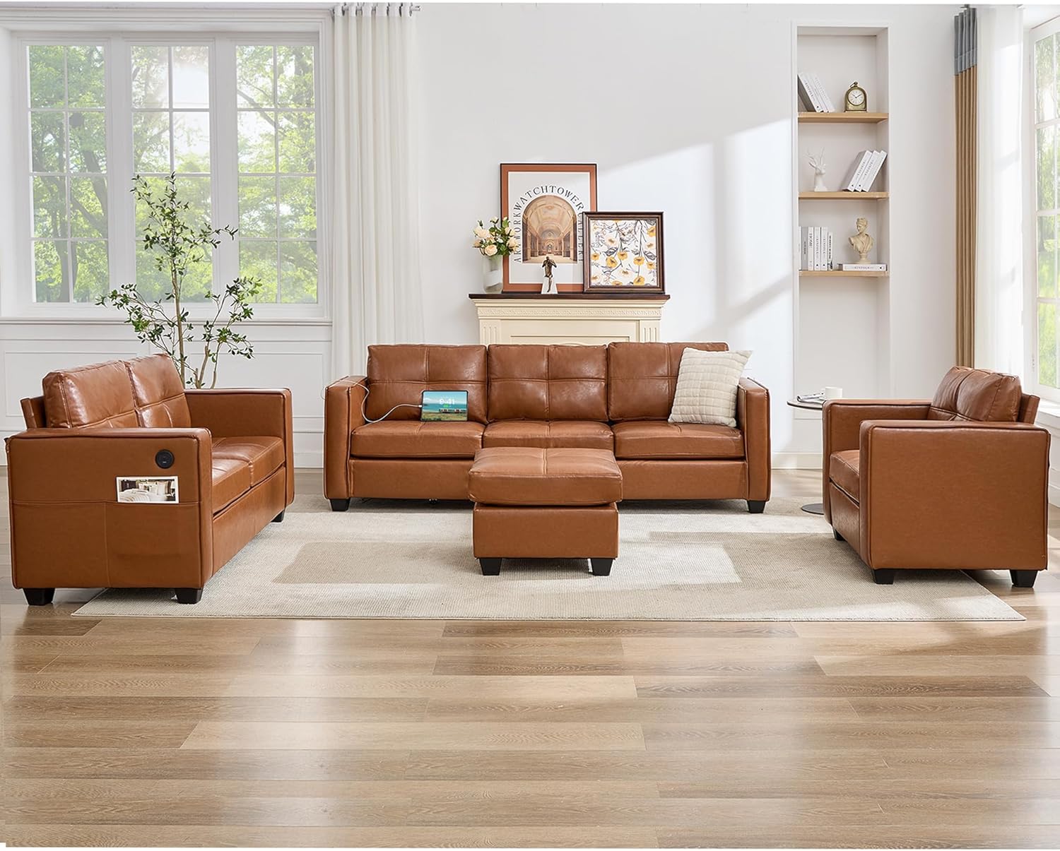 TYBOATLE Brown Sofa Couch Sectional Couches for Living Room, Comfy Comfy Faux Leather Modular Convertible Sofas with Ottoman & USB, Home Sofa Set with Chaise for Apartment Small Space