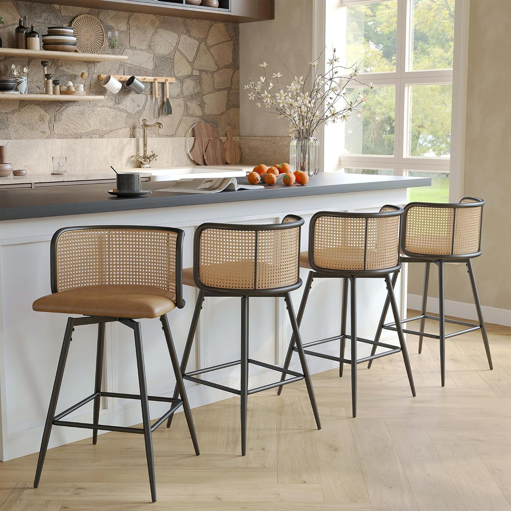 TYBOATLE Swivel Rattan Bar Stools Set of 4, 26” Counter Height Stools with Natural Rattan Woven Back and Faux Leather Seat, Mid-Century Modern Island Chairs Barstools for Kitchen, Brown