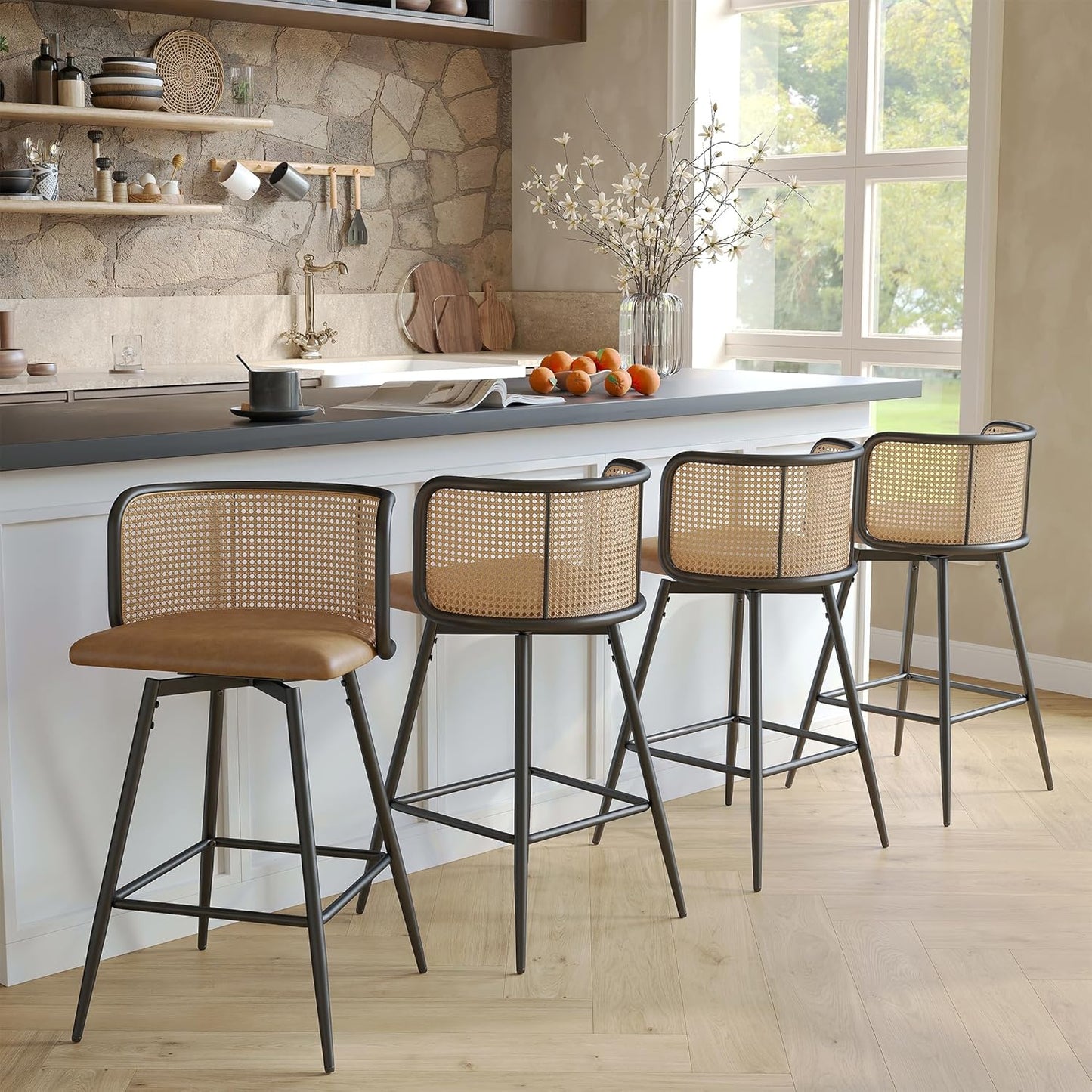 TYBOATLE Swivel Rattan Bar Stools Set of 4, 26” Counter Height Stools with Natural Rattan Woven Back and Faux Leather Seat, Mid-Century Modern Island Chairs Barstools for Kitchen, Brown