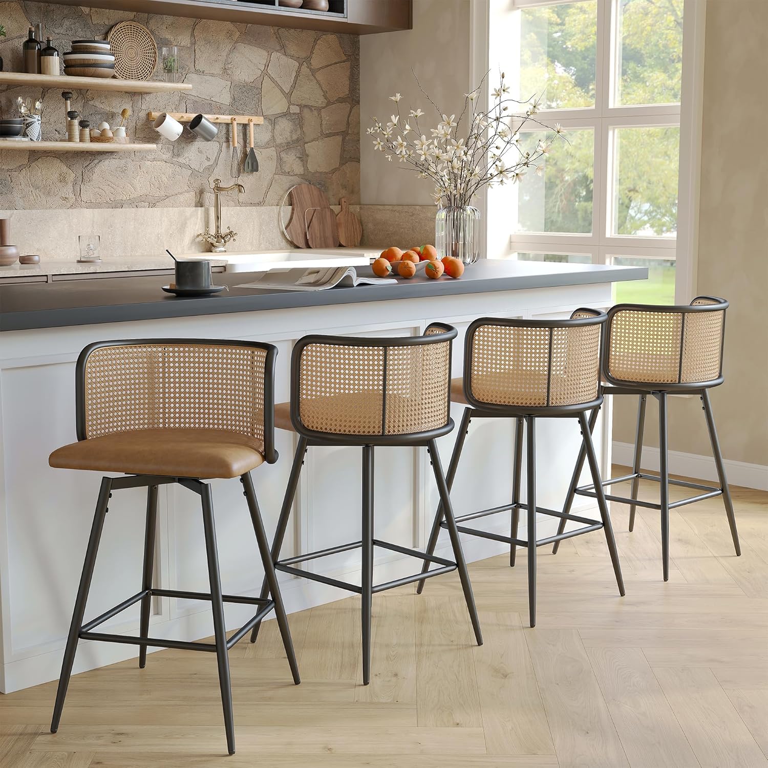TYBOATLE Swivel Rattan Bar Stools Set of 4, 26” Counter Height Stools with Natural Rattan Woven Back and Faux Leather Seat, Mid-Century Modern Island Chairs Barstools for Kitchen, Brown